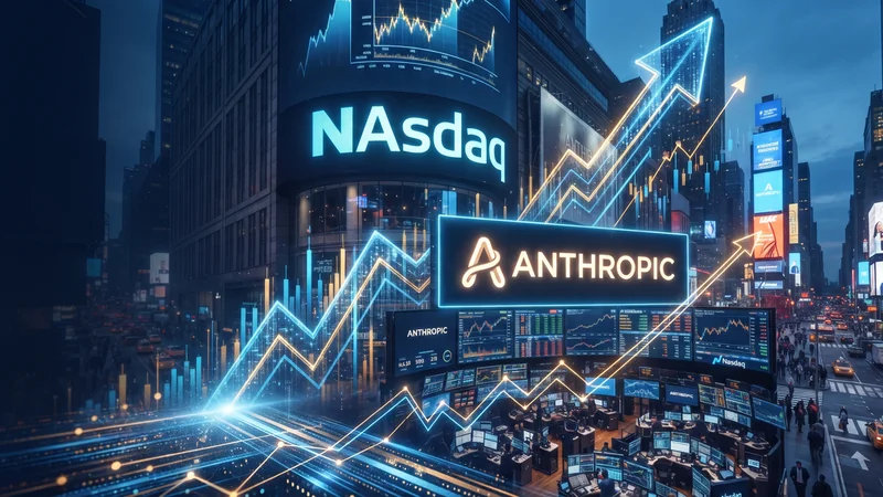 Логотип Anthropic та графіки фінансових показників на тлі біржових терміналів