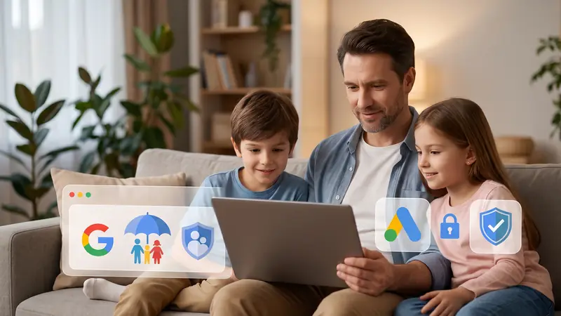 Логотип Google Ads та концепт захисту дітей у цифровому середовищі